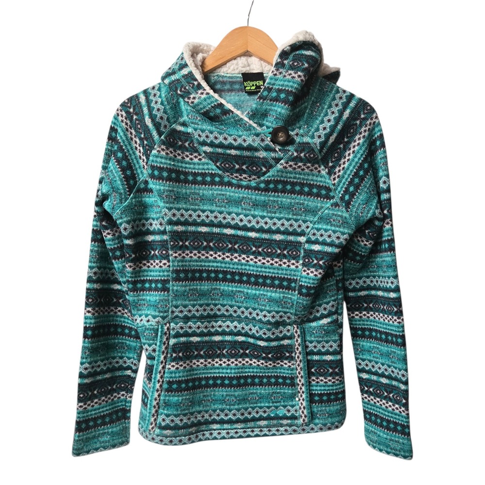 Koppen Fair Isle Fleece Hoodie‎ Sherpa Lined Kangaroo Pocket MEDIUM